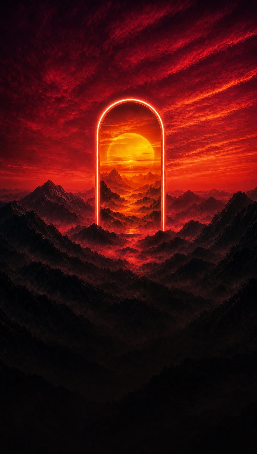 Portal de neón frente al atardecer sobre las sierras